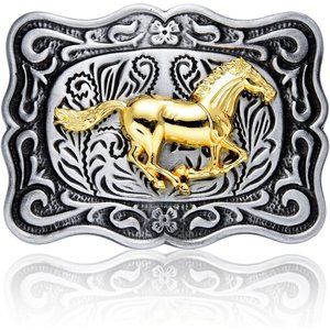 Women Cowboy Rodeo Running Horse Antique Floral Engraved Rope Belt Buckle